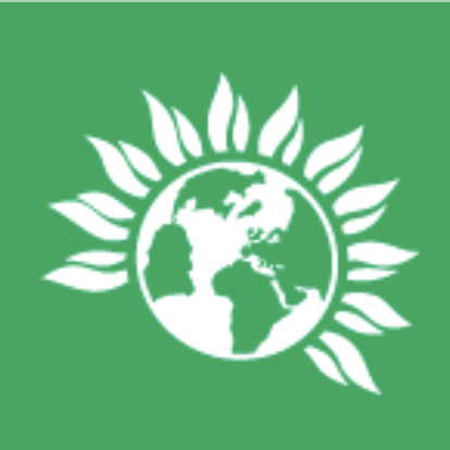 Green Party World and petals image in white on a green Background