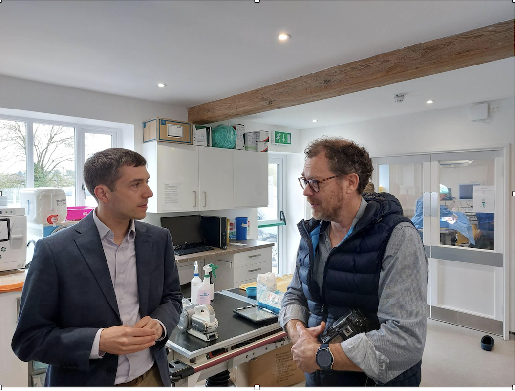 Adrian Ramsay with Peter Wilson, Practice Owner and Veterinary Ophthalmologist at Debenham Veterinary Practice shows Green Party co-leader Adrian Ramsay the practice’s surgery theatre (in background).